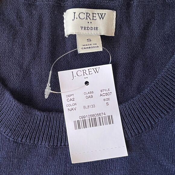 J Crew Teddie Navy Sweater Sequined Heart Crew Neck Long Sleeve Cotton-Women's S - Picture 7 of 8